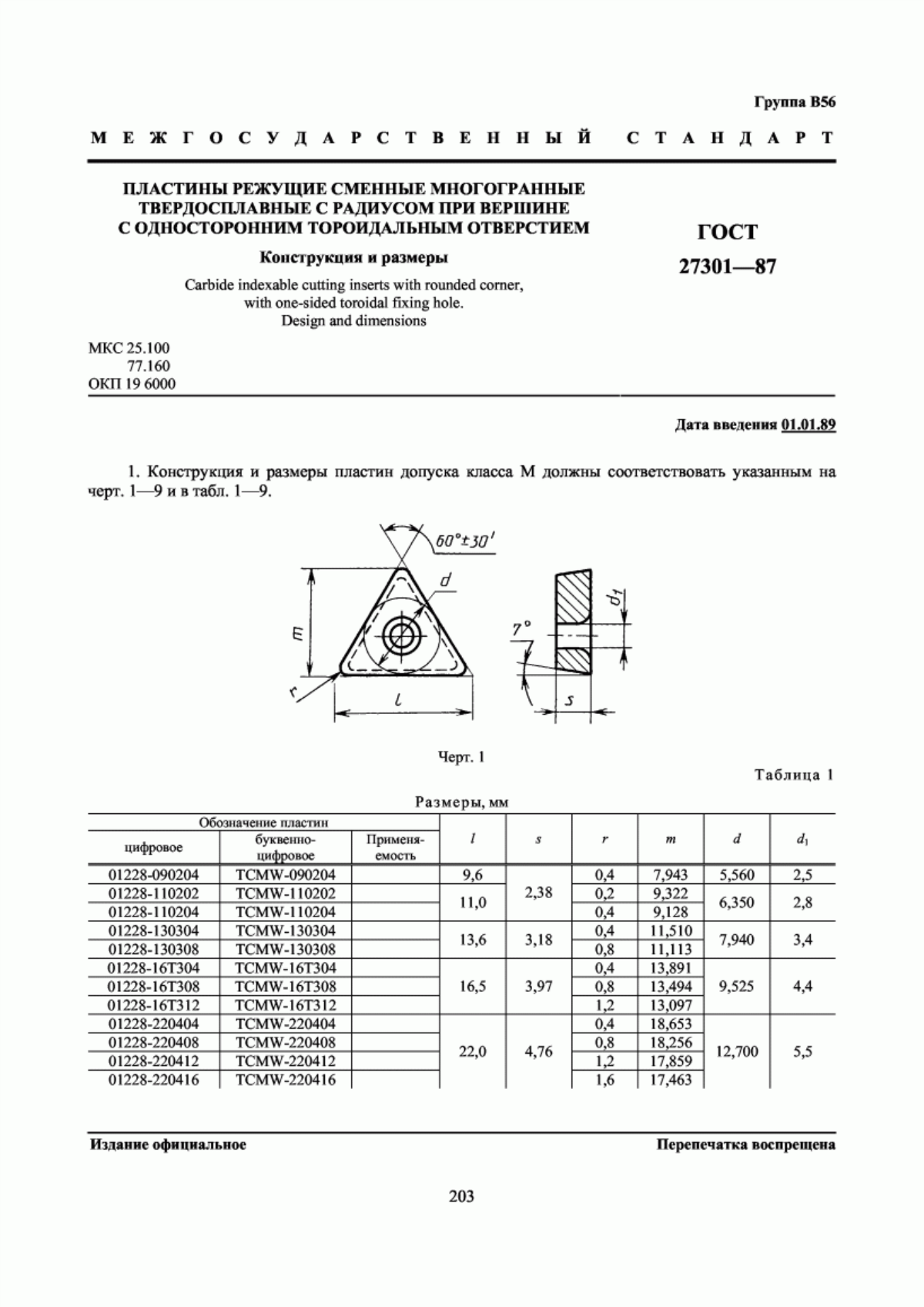 Обложка ГОСТ 27301-87 Пластины режущие сменные многогранные твердосплавные с радиусом при вершине с односторонним тороидальным отверстием. Конструкция и размеры