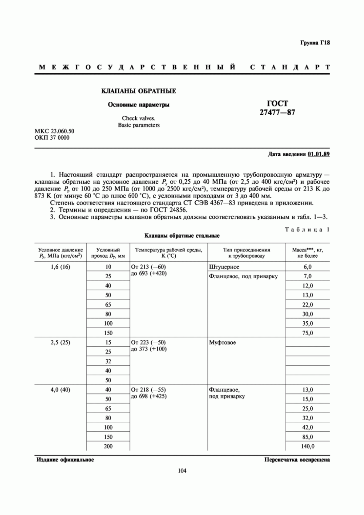 Обложка ГОСТ 27477-87 Клапаны обратные. Основные параметры