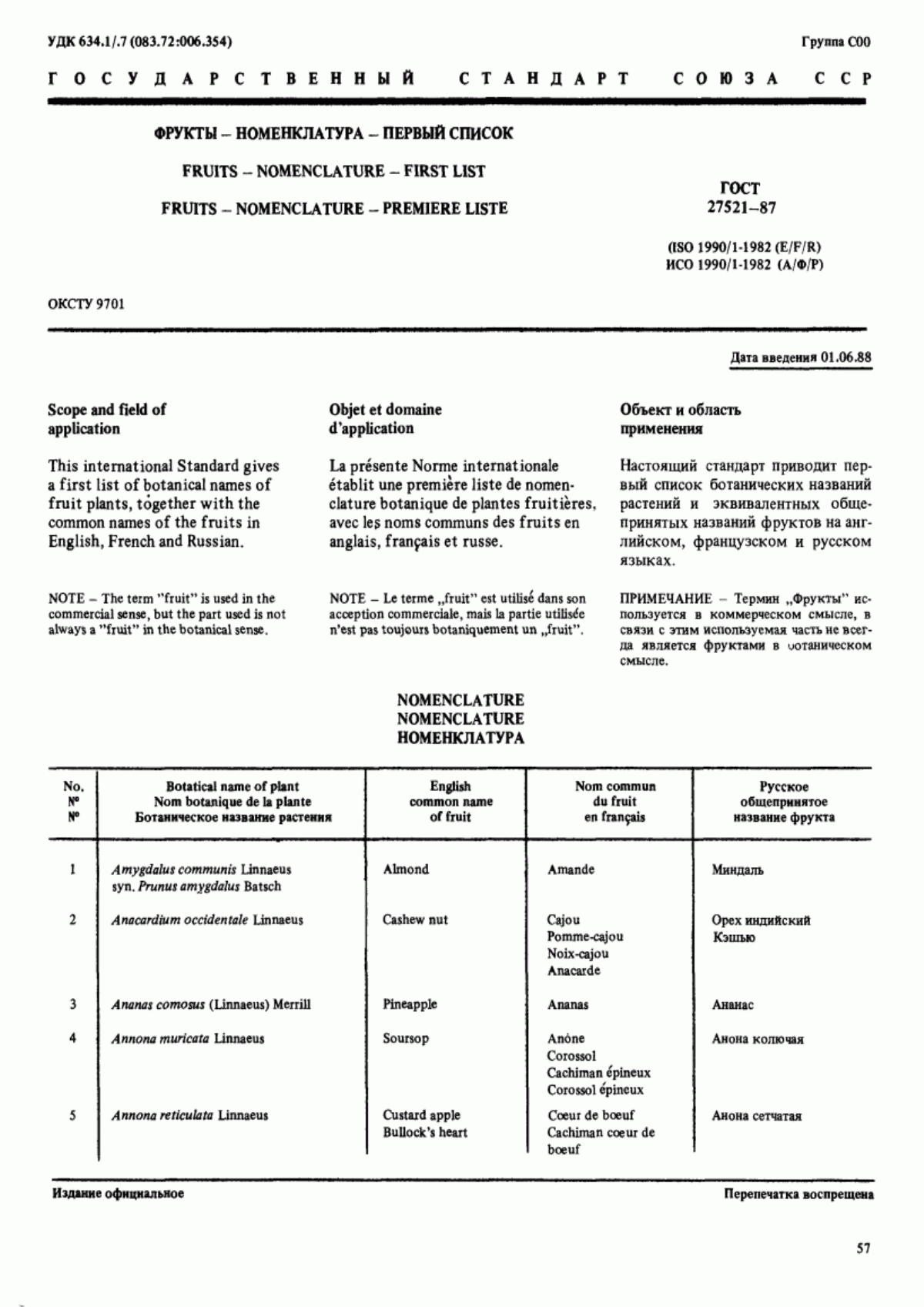 Обложка ГОСТ 27521-87 Фрукты. Номенклатура. Первый список