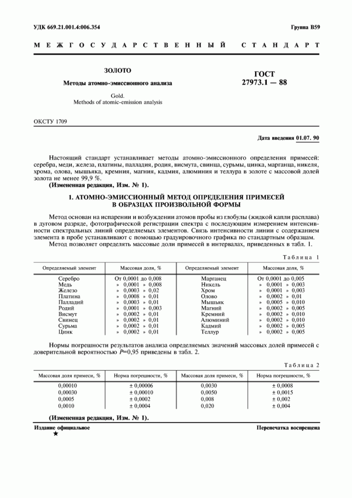 Обложка ГОСТ 27973.1-88 Золото. Методы атомно-эмиссионного анализа