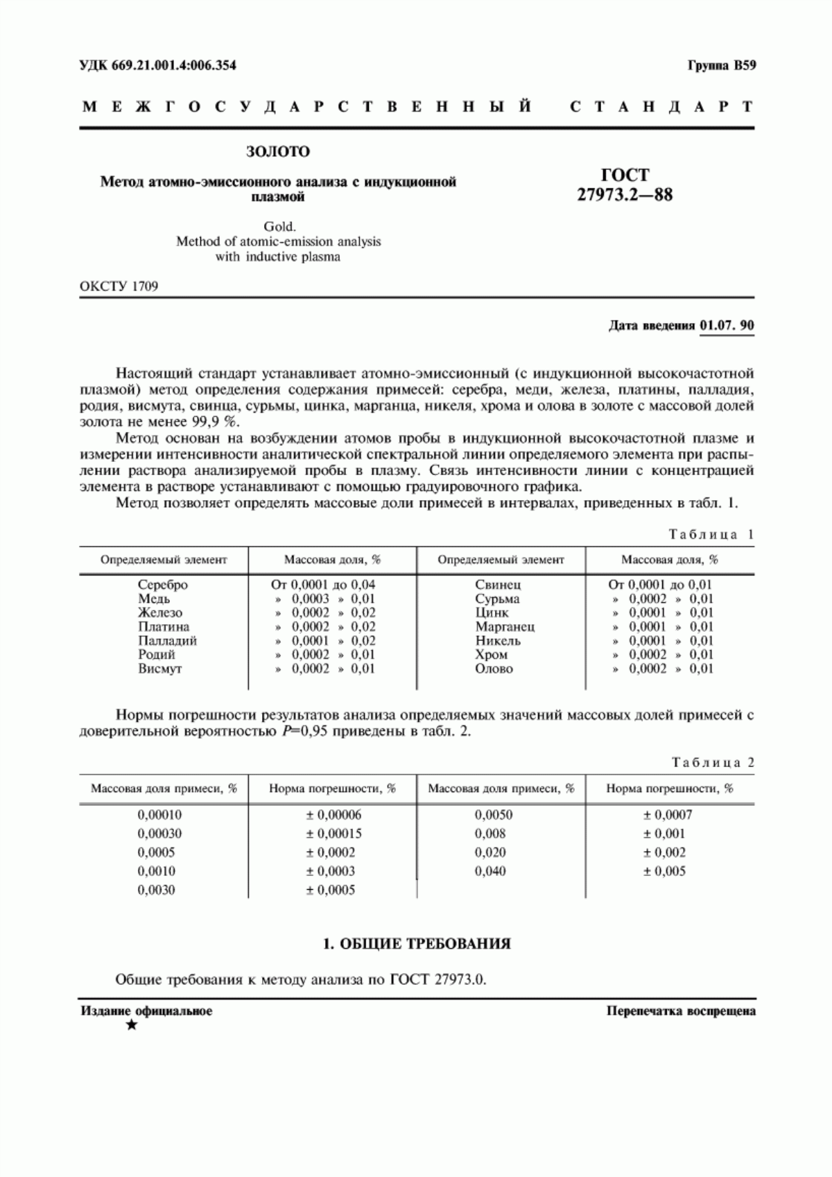 Обложка ГОСТ 27973.2-88 Золото. Метод атомно-эмиссионного анализа с индукционной плазмой
