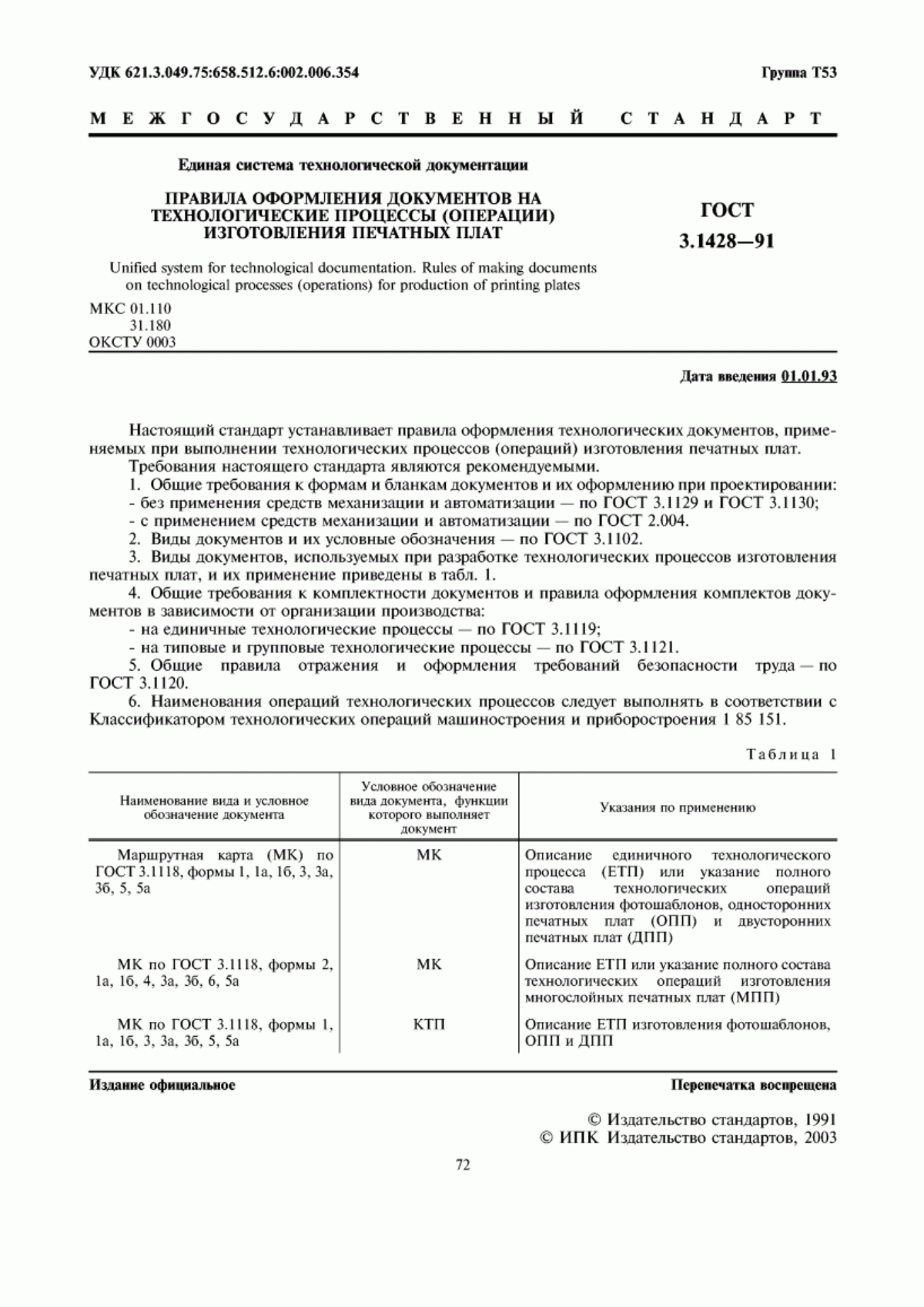 Обложка ГОСТ 3.1428-91 Единая система технологической документации. Правила оформления документов на технологические процессы (операции) изготовления печатных плат