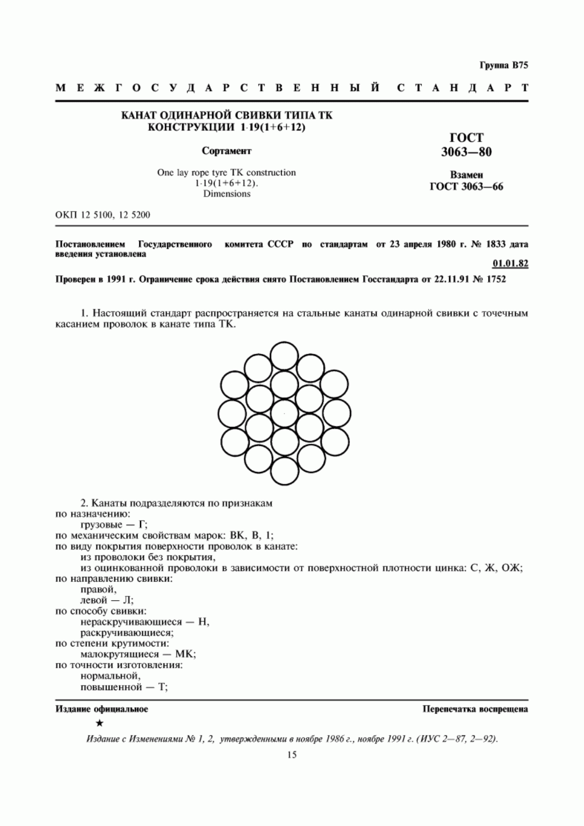 Обложка ГОСТ 3063-80 Канат одинарной свивки типа ТК конструкции 1х19(1+6+12). Сортамент