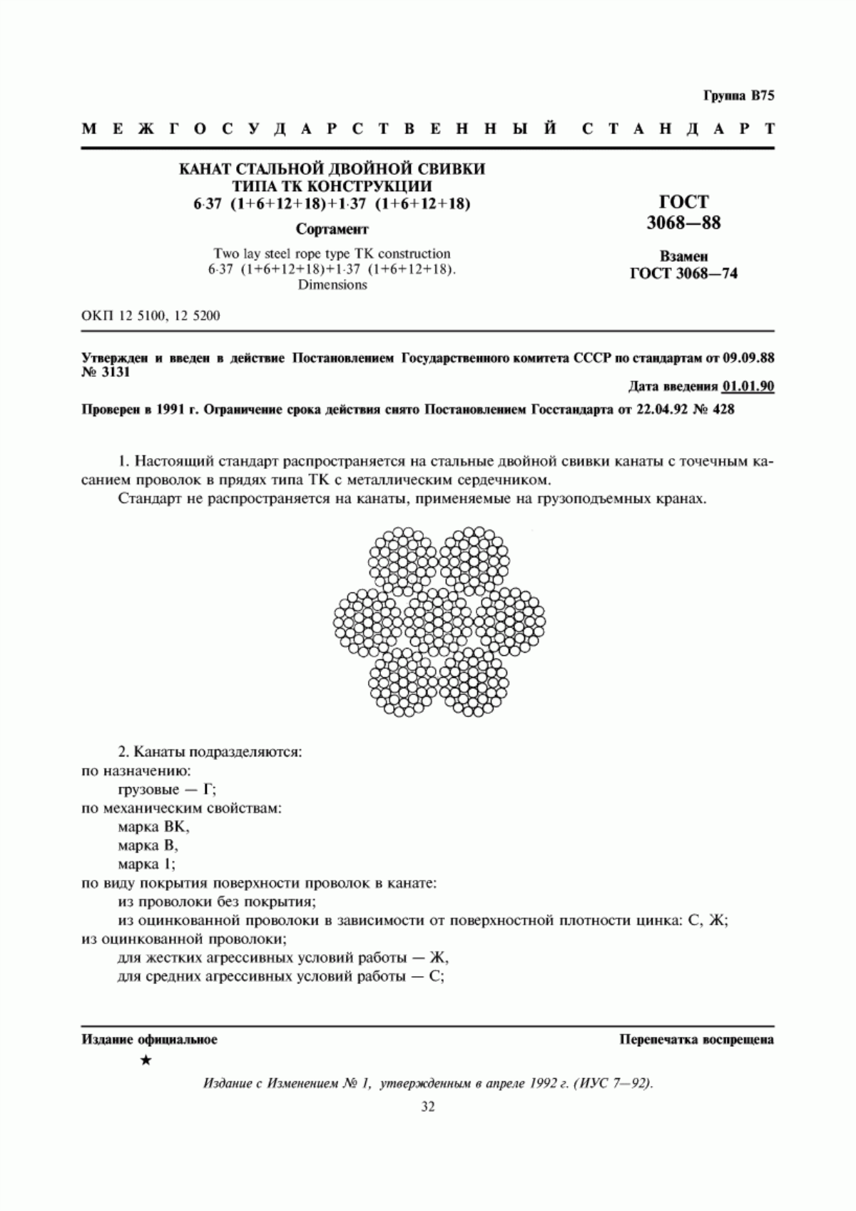 Обложка ГОСТ 3068-88 Канат стальной двойной свивки типа ТК конструкции 6х37 (1+6+12+18)+1х37 (1+6+12+18). Сортамент