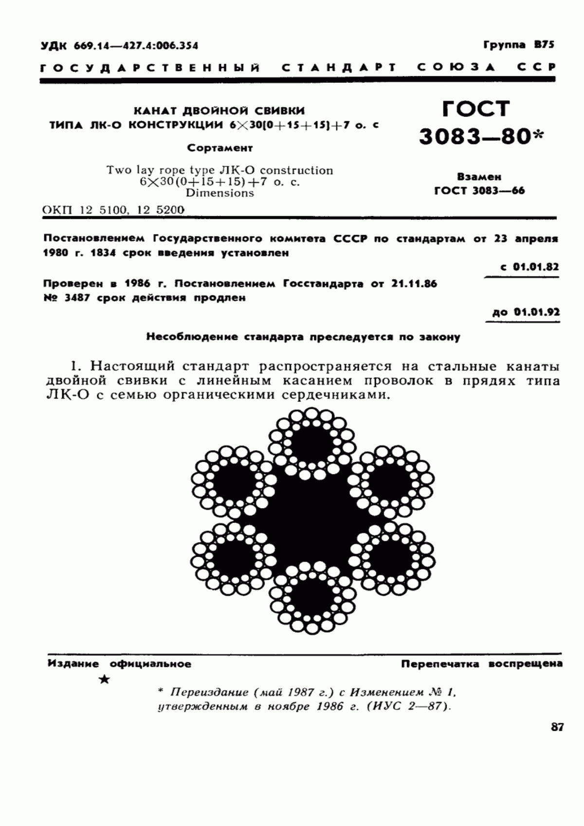 Обложка ГОСТ 3083-80 Канат двойной свивки типа ЛК-О конструкции 6х30 (0+15+15)+7 о.с. Сортамент