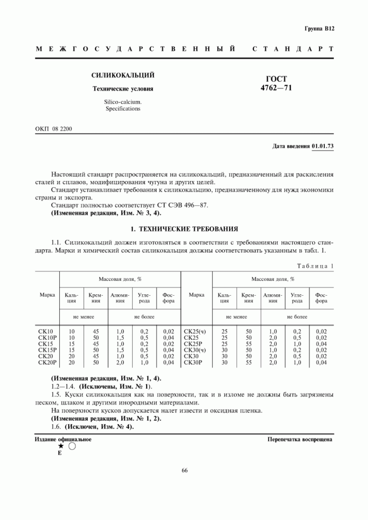 Обложка ГОСТ 4762-71 Силикокальций. Технические условия