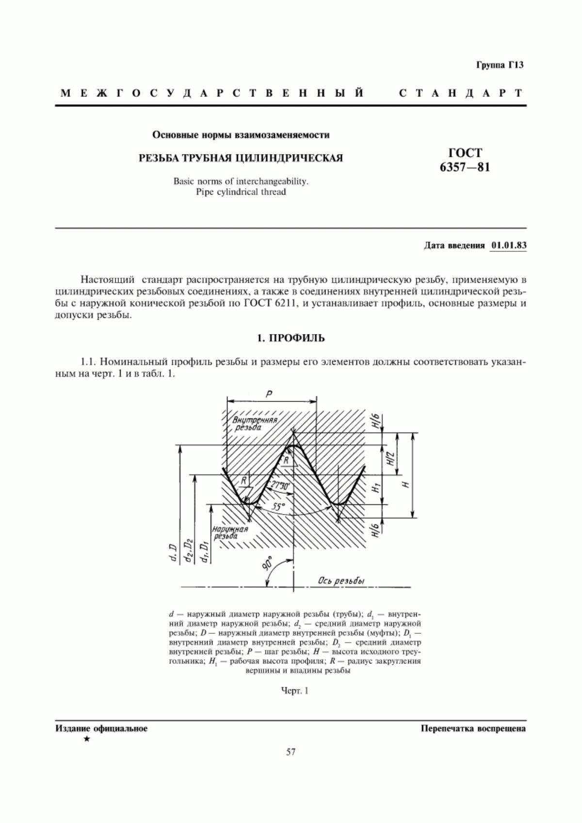 Обложка ГОСТ 6357-81 Основные нормы взаимозаменяемости. Резьба трубная цилиндрическая