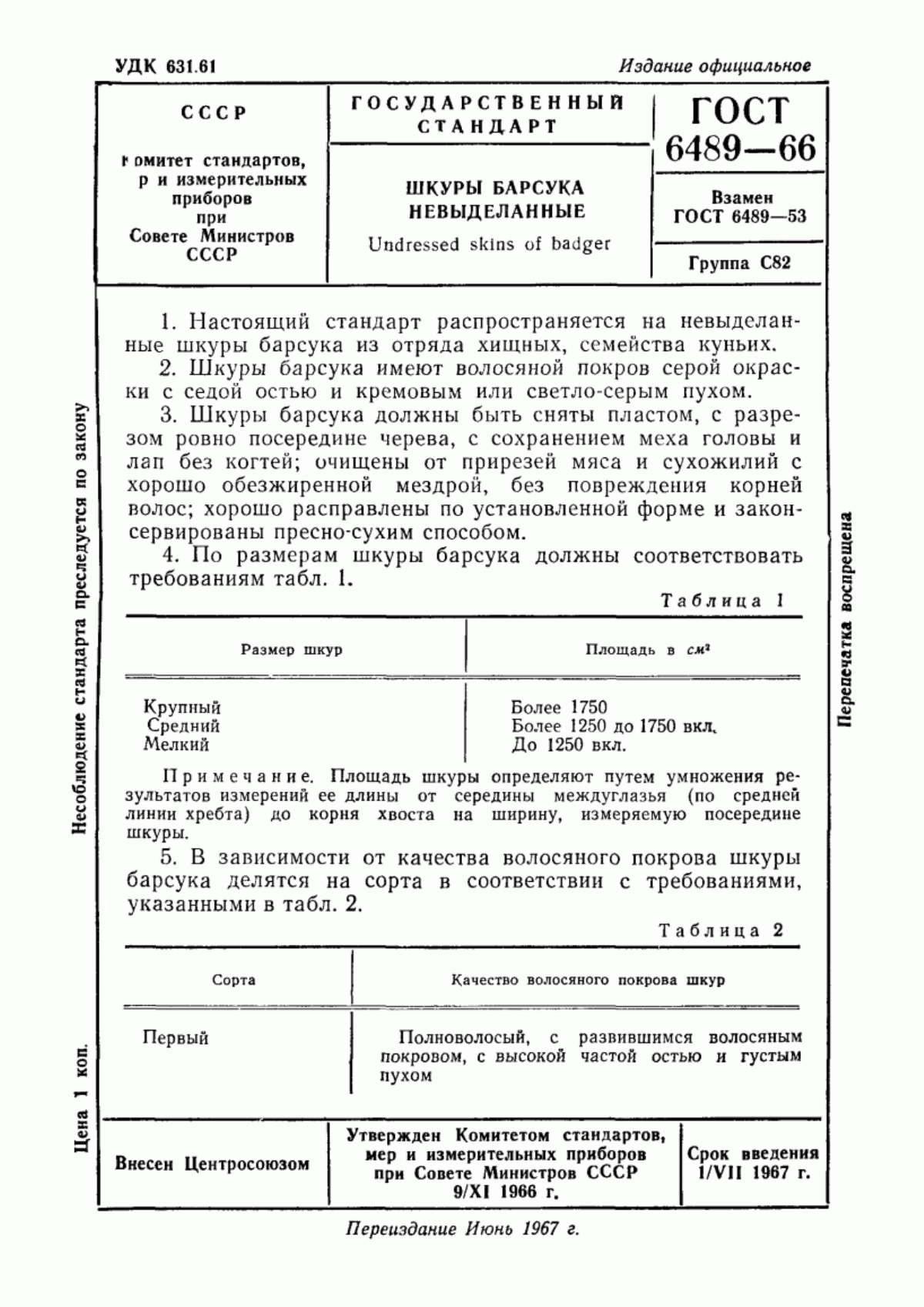 Обложка ГОСТ 6489-66 Шкуры барсука невыделанные. Технические условия