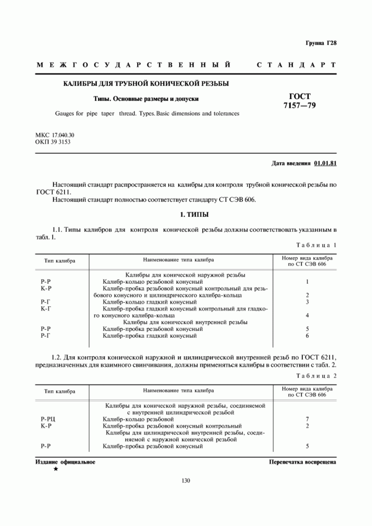 Обложка ГОСТ 7157-79 Калибры для трубной конической резьбы. Типы. Основные размеры и допуски