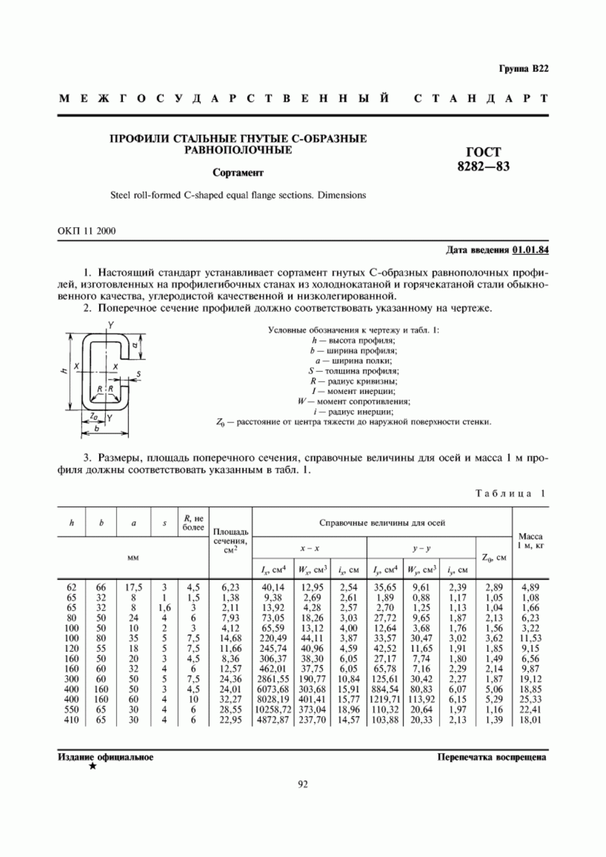 Обложка ГОСТ 8282-83 Профили стальные гнутые С-образные равнополочные. Сортамент