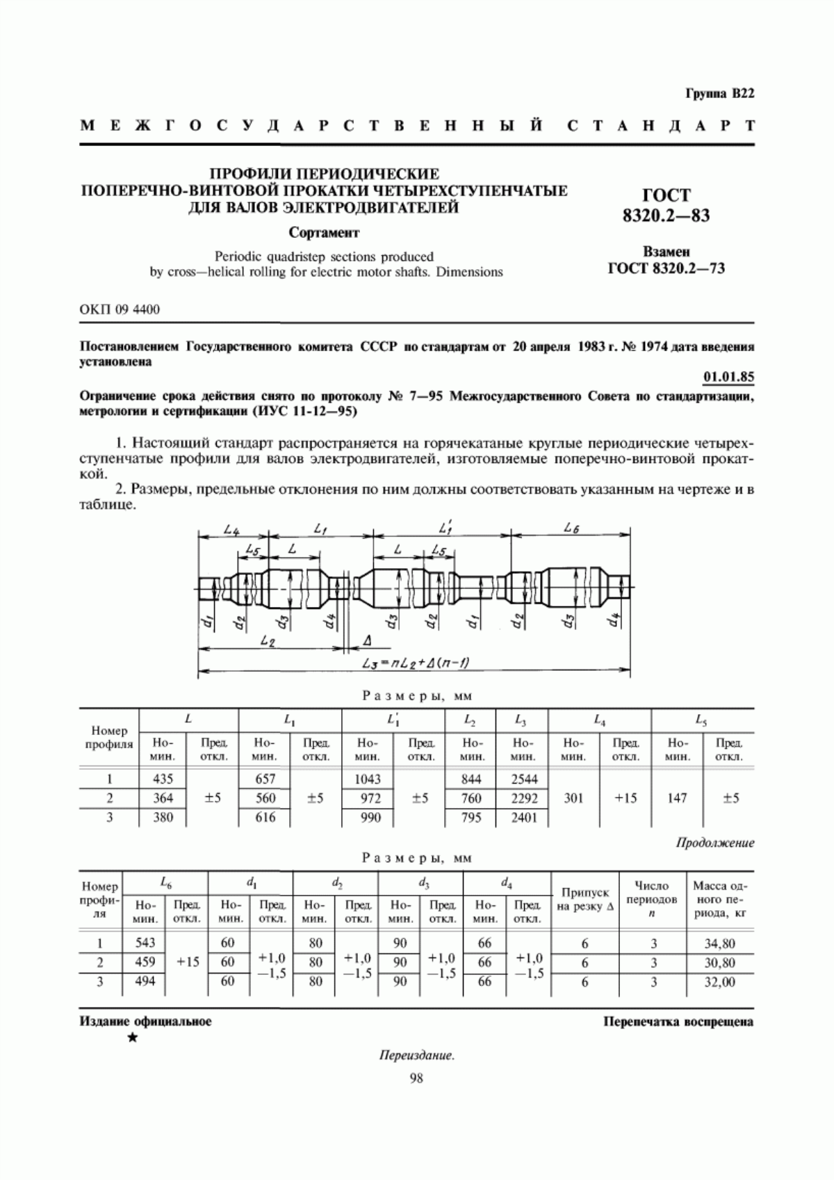 Обложка ГОСТ 8320.2-83 Профили периодические поперечно-винтовой прокатки четырехступенчатые для валов электродвигателей. Сортамент