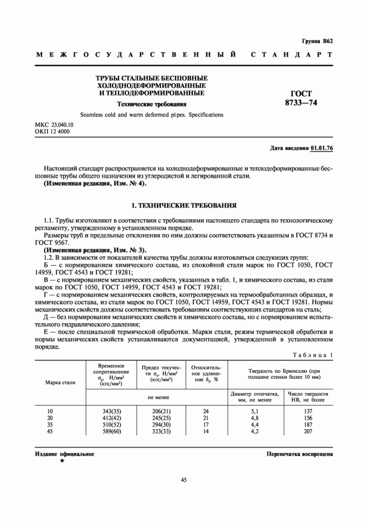 Обложка ГОСТ 8733-74 Трубы стальные бесшовные холоднодеформированные и теплодеформированные. Технические требования