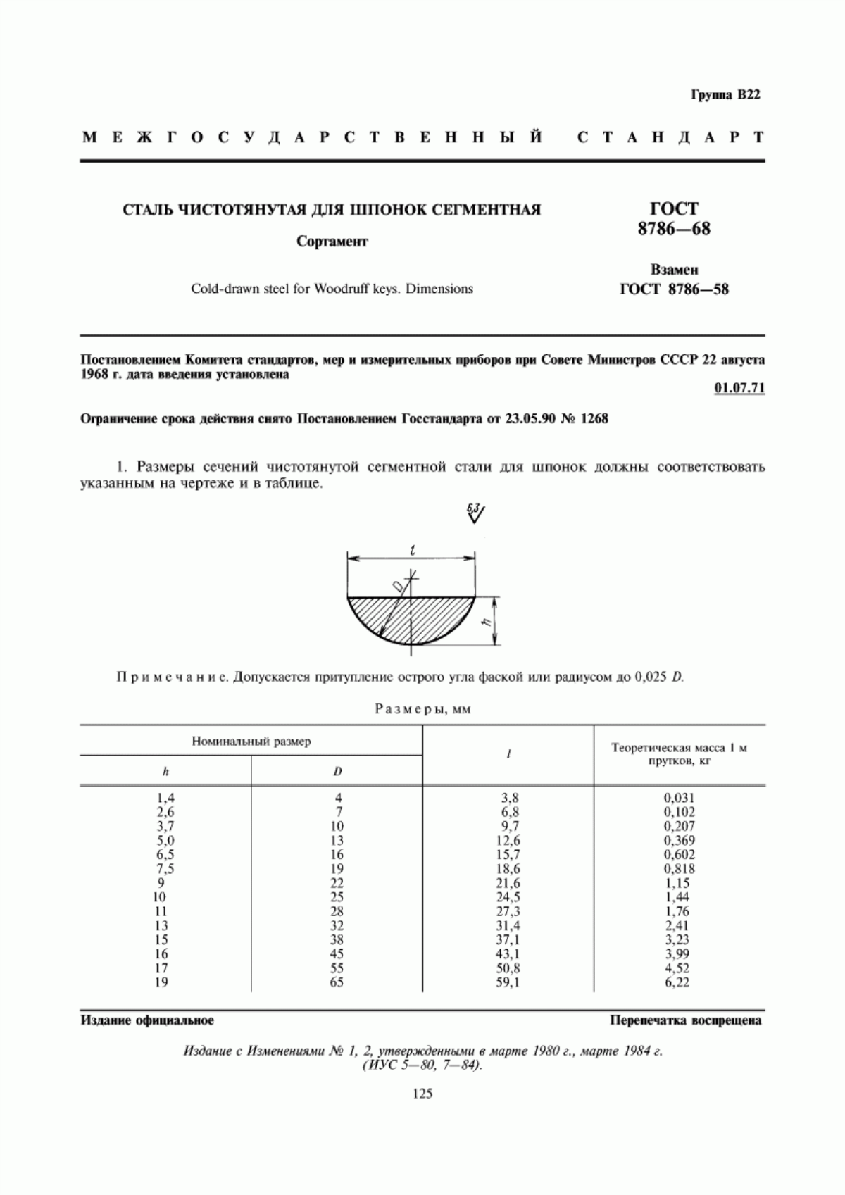 Обложка ГОСТ 8786-68 Сталь чистотянутая для шпонок сегментная. Сортамент