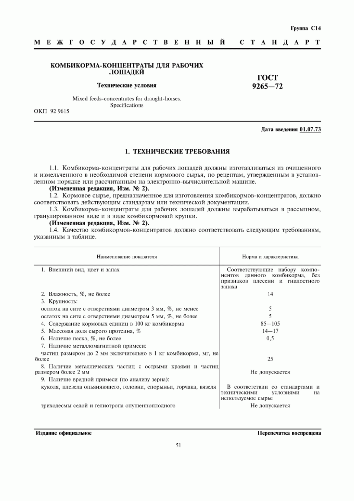 Обложка ГОСТ 9265-72 Комбикорма-концентраты для рабочих лошадей. Технические условия