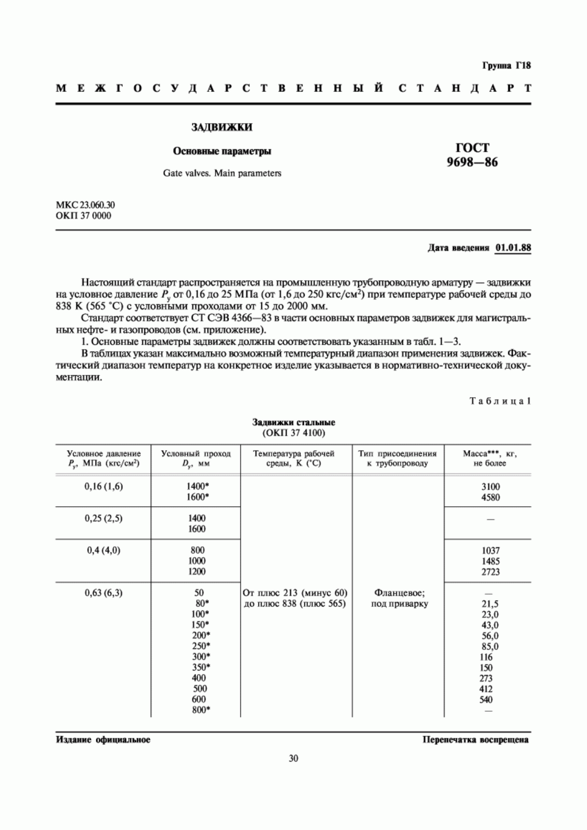 Обложка ГОСТ 9698-86 Задвижки. Основные параметры